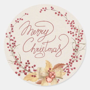 Merry KerstRed Berry Wreath Ronde Sticker