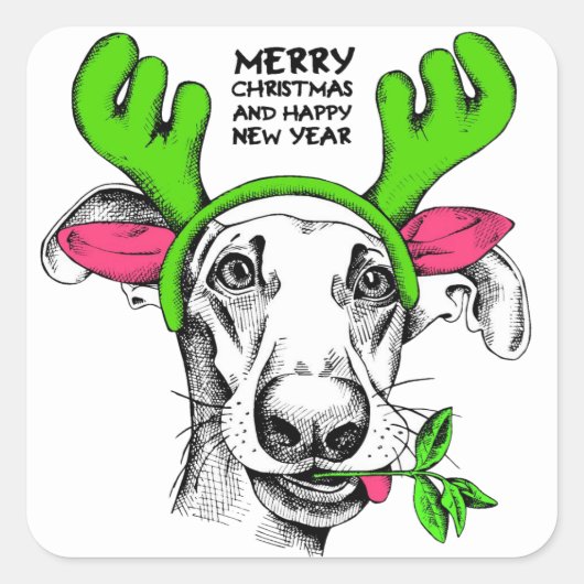 Merry Kerstreindeer Dog | FEESTDAGEN Vierkante Sticker (Voorkant)