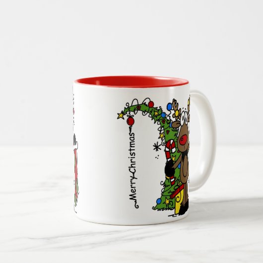 Merry Kerstreindeer Festive Tweekleurige Koffiemok (Voorkant rechts)