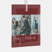 Merry Kerstrood Script 2 Foto Collage Holiday Glas Ornament (Voorkant Rechts)