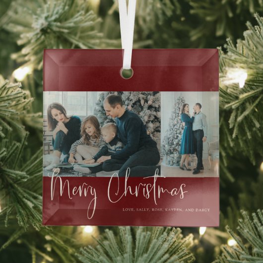 Merry Kerstrood Script 2 Foto Collage Holiday Glas Ornament (Insitu)
