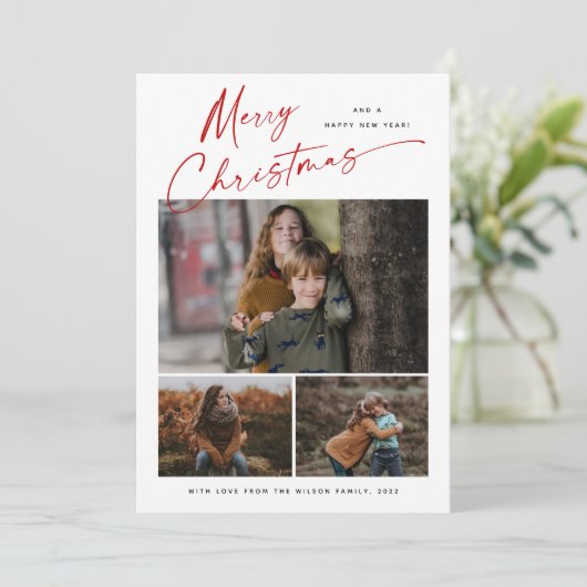 Merry Kerstrood Script 3 Foto Collage Feestdagenkaart (Staand voorkant)