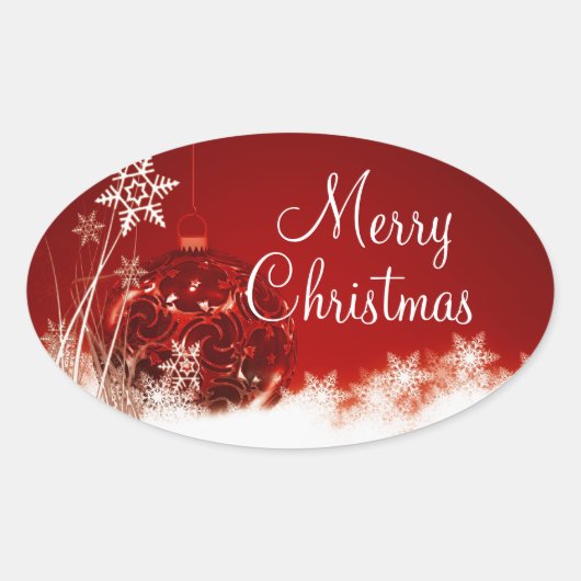 Merry Kerstroodbruin Snowflake Oval Seal Ovale Sticker (Voorkant)