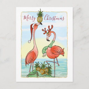 Merry Kerstroze Flamingo Hawaiin Pineapple Aankondigingskaart