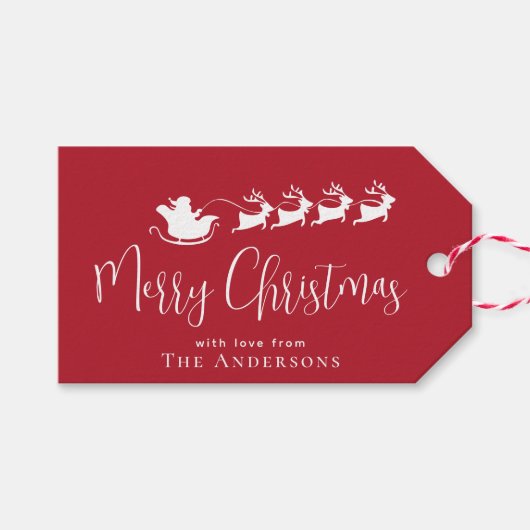 Merry KerstSanta Sleigh Reindeer Red Cadeaulabel (Voorkant (Horizontaal))