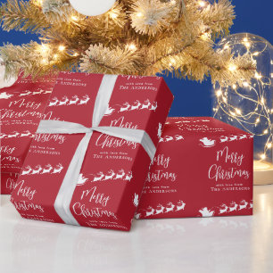 Merry KerstSanta Sleigh Reindeer Red Cadeaupapier