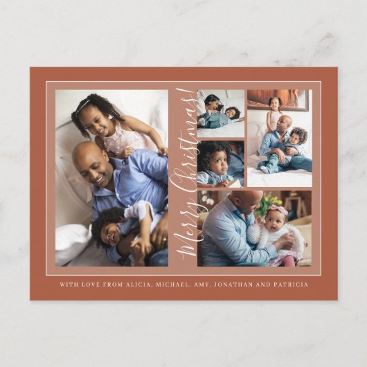 Merry kerstscript 5 foto collage terracotta feestdagenkaart (Voorkant)