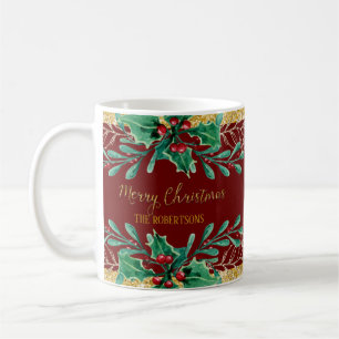 Merry-kerstscript Burgundy Gold-Waterverf Koffiemok