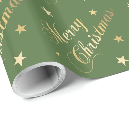 Merry Kerststerren Elegant Script Gold Green Cadeaupapier (Rol Hoek)