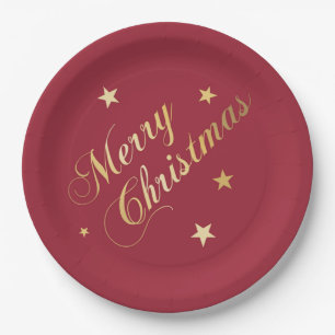 Merry Kerststerren Wine Red Gold Napkins Papieren Bordje