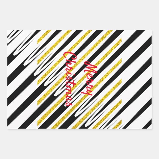 Merry kerstStripes Pattern Gold Glitter Artsy Inpakpapier Vel (Voorkant)