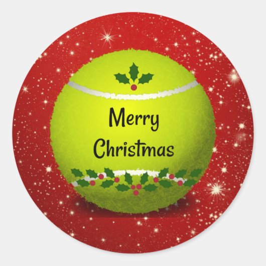 Merry Kersttennis Ball Ronde Sticker (Voorkant)