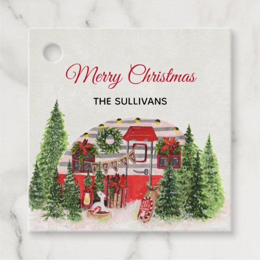 Merry Kersttrailer Camper Rustic Scene Bedankjes Labels (Voorkant)