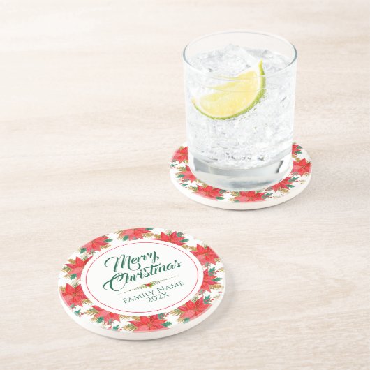 Merry Kersttypografie en Poinsettia Pattern Zandsteen Onderzetter (Zijkant)