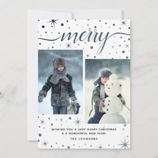 Merry kersttypografie Paars + Blauwgroen 2-foto Feestdagenkaart