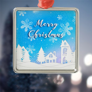 Merry KerstWhite Snow House Blue Metalen Ornament