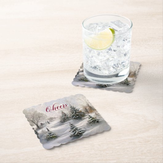 Merry Kerstwinter Landschap Pine Forest Kartonnen Onderzetters (Insitu)