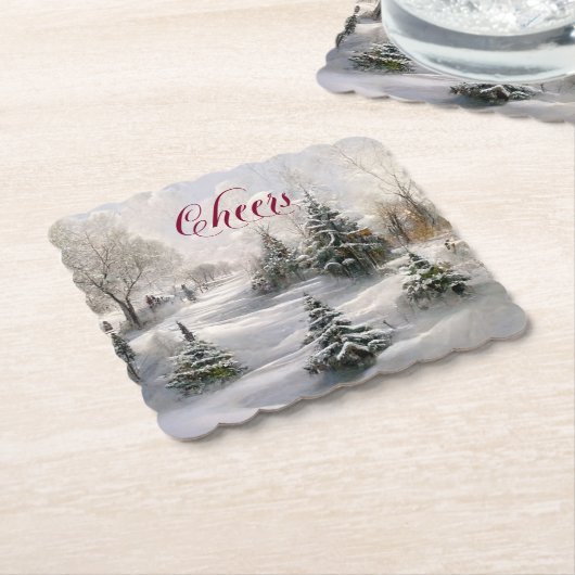 Merry Kerstwinter Landschap Pine Forest Kartonnen Onderzetters (Gebogen)