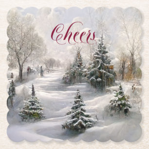 Merry Kerstwinter Landschap Pine Forest Kartonnen Onderzetters