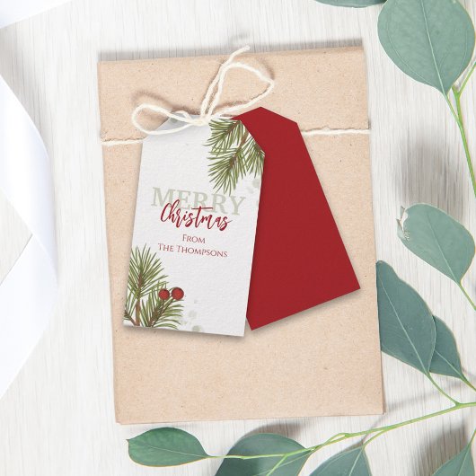 Merry KerstWinter Red Holly Berries Elegant Cadeaulabel