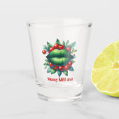 Merry KISS-mas Groene Lippen Rode Kerstbessen Shot Glas (Voorkant)