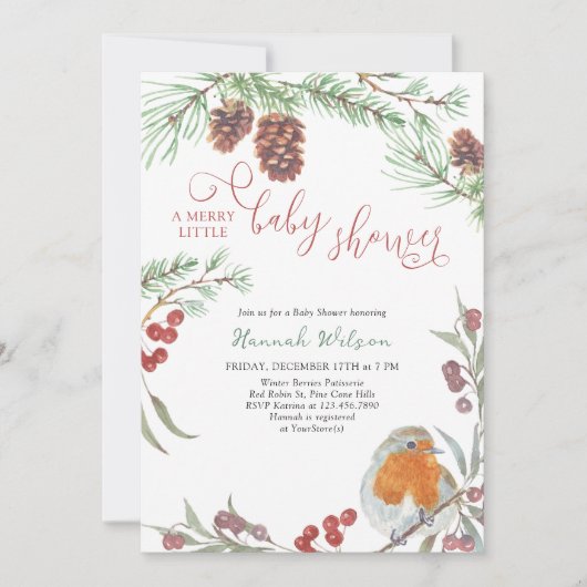 Merry Little Baby shower Robin en Pine Invitation Kaart (Voorkant)