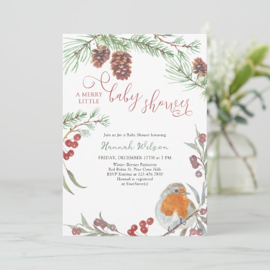Merry Little Baby shower Robin et Pine Invitation (Debout devant)