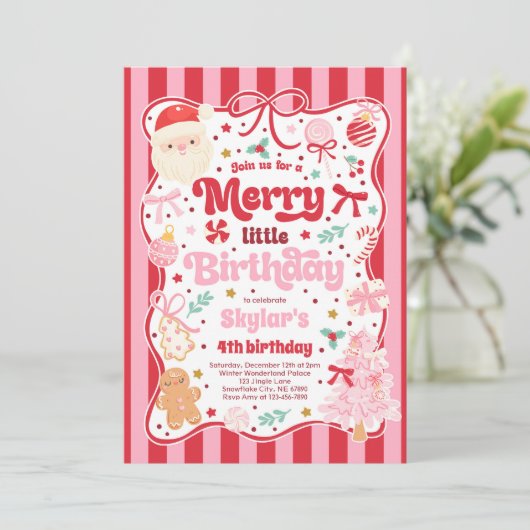 Merry Little Birthday Party Christmas Coquette Bow Kaart (Staand voorkant)
