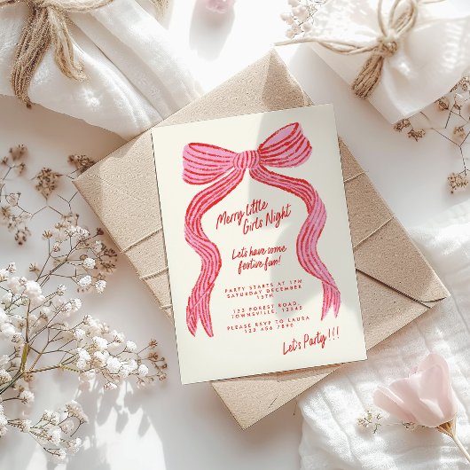 Merry Little Girls Night Invitation | Pink Red Bow
