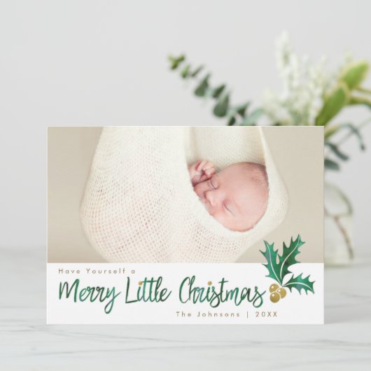 Merry Little KerstGreen Gold Holly Waterverf Feestdagenkaart (Staand voorkant)