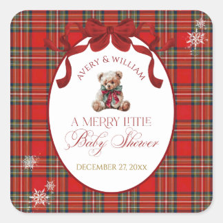 Merry Little Red Bow Christmas Plaid  Vierkante Sticker