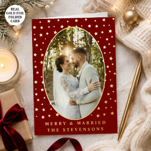 Merry & Married Bourgogne Sterren Foto Kerstmis Folie Feestdagenkaart
