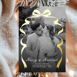 Merry & Married Bow Foto Kerst Passen getrouwd Folie Feestdagenkaart