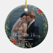 Merry & Married Elegant Script Wedding Photo Keramisch Ornament (Achterkant)