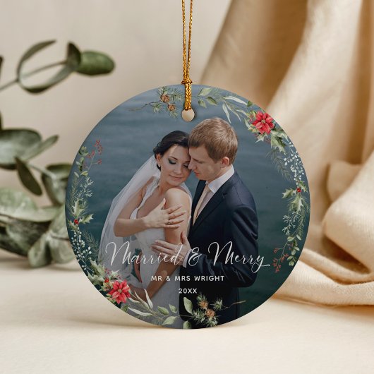 Merry & Married Elegant Script Wedding Photo Keramisch Ornament