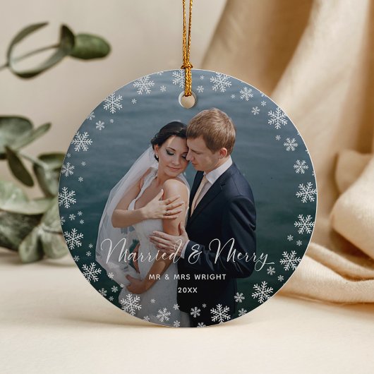 Merry & Married Elegant Script Wedding Photo Ornament