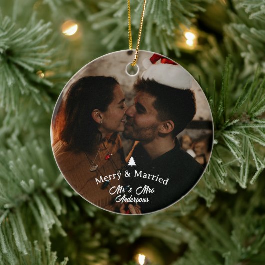 Merry & Married First Christmas-scriptfoto Keramisch Ornament (Boom)
