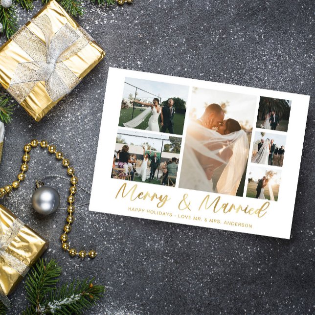 Merry & Married Gold 6 Multi Photo Holiday Kaart (Creator heeft geüpload)