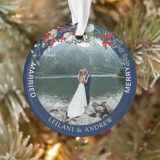 Merry Married Greenery Waterverf Foto Navy Blue Ornament (Boom)