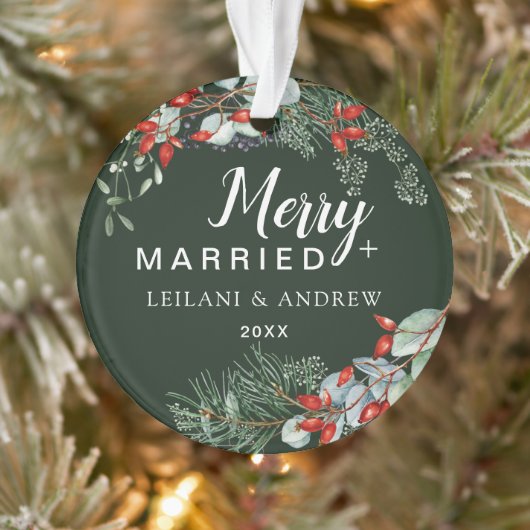 Merry Married Holly Greenery Christmas Green Ornament (Boom)