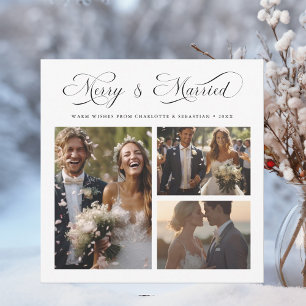 Merry & Married Modern Elegant Script 3 Foto Feestdagenkaart
