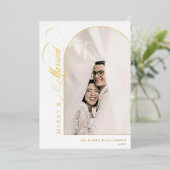 Merry & Married Wit & Goud Script Boog Foto Folie Feestdagenkaart (Staand Voorkant)