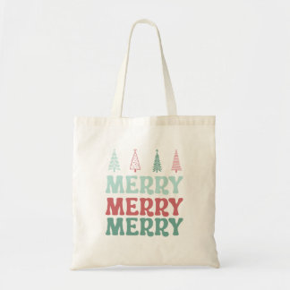 Merry Merry Merry with Pastel Boho Christmas Trees Tote Bag