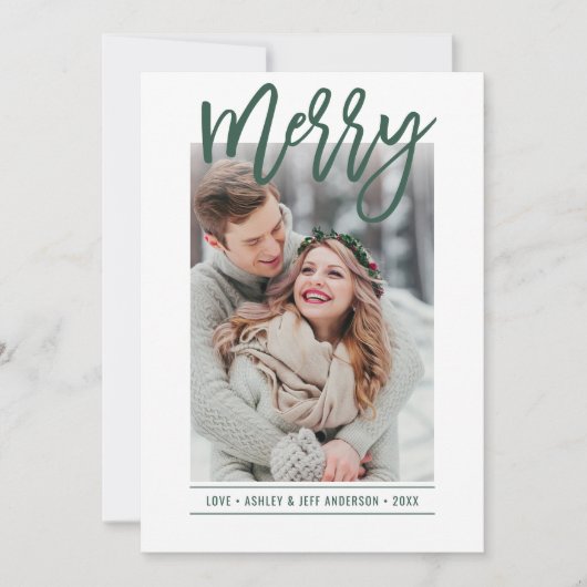 Merry Modern Hunter Groen Script Pasgetrouwd Foto Feestdagenkaart (Voorkant)