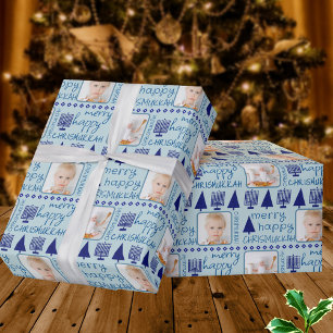 Merry Navy Interreligieuze Cute Chrismukkah Foto Cadeaupapier