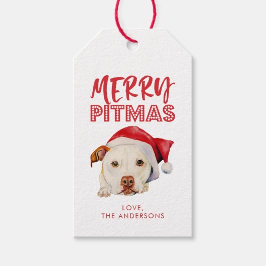 Merry Pitmas, Schattigee Santa Pit Bull Dog gepers Cadeaulabel (Voorkant)