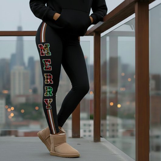 Merry Plaid & Leopard Print Side Stripe Kerstmis Leggings