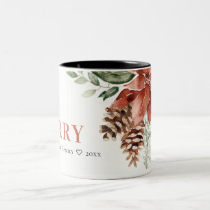 Merry Poinsettia Bunch Waterverf Pine Kerstmis Tweekleurige Koffiemok