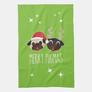 Merry Pug Santa en Reindeer Pugs Dish Towel Theedoek