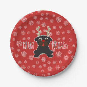 Merry Pugmas Black Pug Reindeer en Snowflakes Papieren Bordje